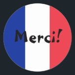 Pegatina Redonda Bandera Francesa Gracias, Gracias, Gracias.<br><div class="desc">¡Gracias! Un mensaje de agradecimiento en francés contra los colores de la bandera de Francia. Puede crear su propio mensaje de texto personalizado. Pruebe con un estilo de fuente,  tamaño y color diferentes y personalice el diseño para crear sus propios pegatinas.</div>