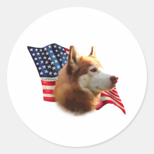 Pegatina Redonda Bandera Husky Siberiana (roja)