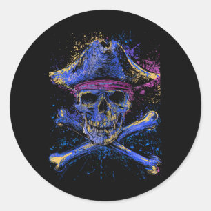 Pegatina Redonda Bandera Jolly Roger Esqueleto Cruz de Huesos Hallo
