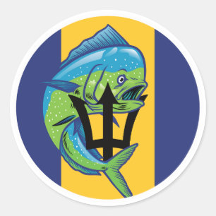 Pegatina Redonda Bandera nacional animal de Barbados Mahi-mahi