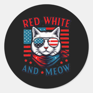 Pegatina Redonda Bandera Norteamericana De Color Blanco Rojo Y Gato