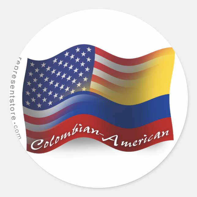 Pegatina Redonda Bandera ondulada colombiana-americana (Anverso)