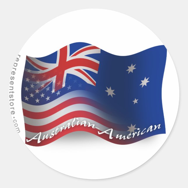 Pegatina Redonda Bandera ondulante australiana-americana (Anverso)