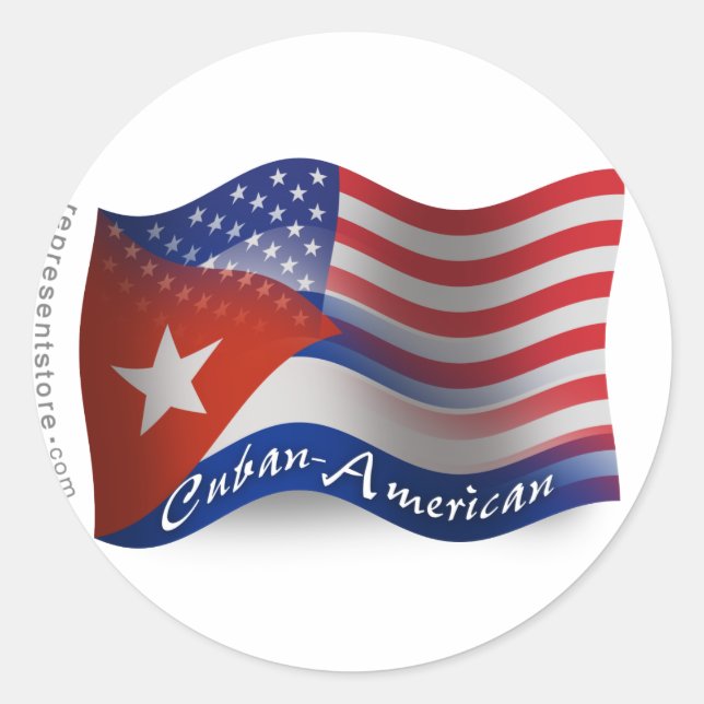 Pegatina Redonda Bandera ondulante cubano-americana (Anverso)