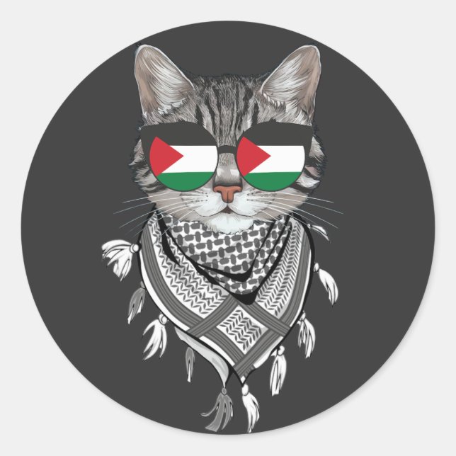 Pegatina Redonda Bandera palestina de un gato lindo vigila bufanda  (Anverso)