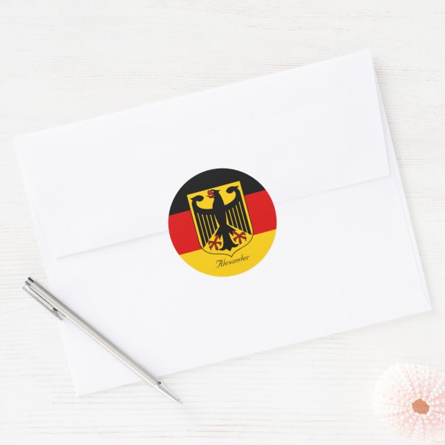 Pegatina Redonda Bandera personalizada de Alemania con escudo de ar (Sobre)