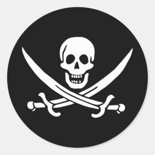 Pegatina Redonda Bandera Pirata Calavera Espadas Cruzadas