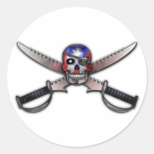 Pegatina Redonda Bandera puertorriqueña - Calavera y espadas cruzad (Anverso)