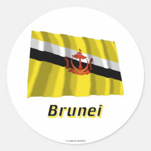 Pegatina Redonda Bandera que agita de Brunei con nombre