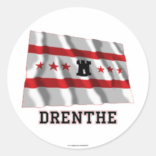 Pegatina Redonda Bandera que agita de Drente con nombre
