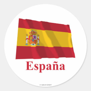 Pegatina Redonda Bandera que agita de España con nombre en español