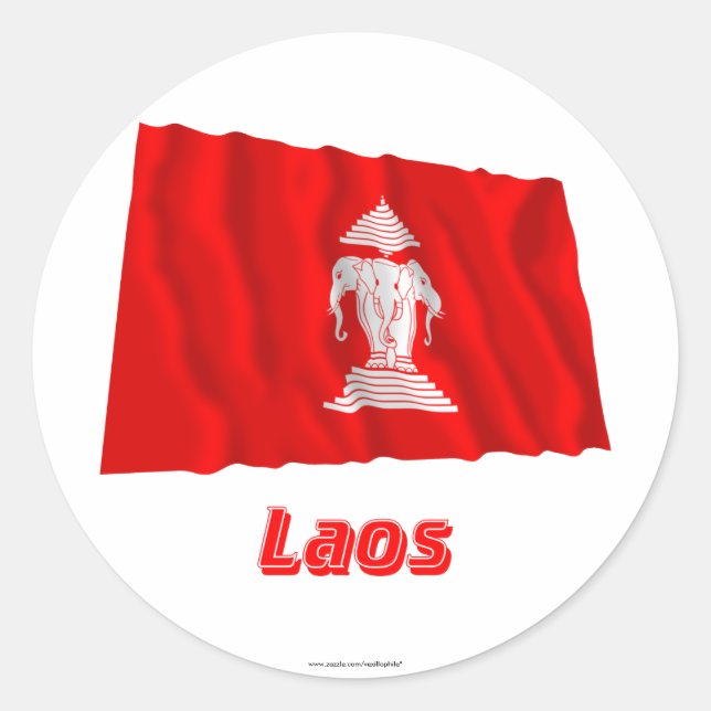 Pegatina Redonda Bandera que agita de Laos con el nombre (Anverso)