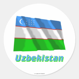 Pegatina Redonda Bandera que agita de Uzbekistán con nombre