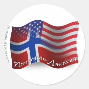Pegatina Redonda Bandera que agita Noruego-Americana