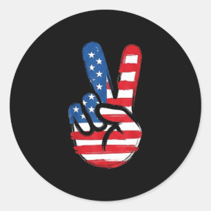 Pegatina Redonda Bandera retro usa signo de paz mano 4 de julio