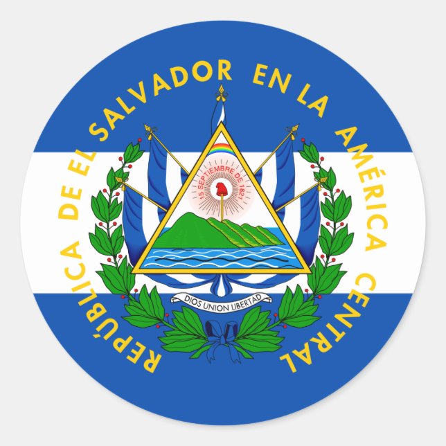 Pegatina Redonda Bandera salvadoreña y escudo de armas, El Salvador (Anverso)