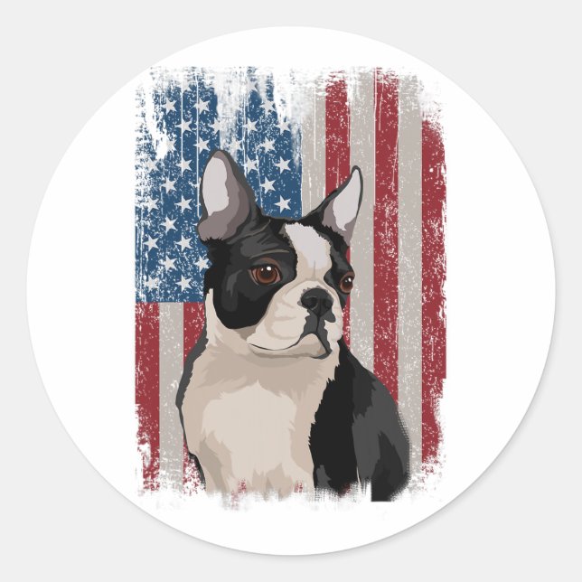 Pegatina Redonda Bandera Terrier Estadounidense Patriótica 4 De Jul (Anverso)