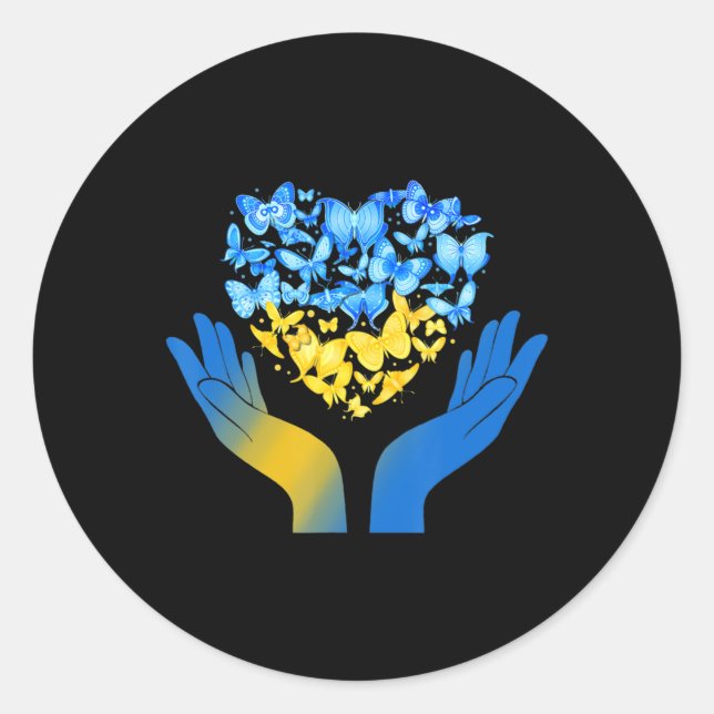 Pegatina Redonda Bandera ucraniana de la mariposa del corazón del a (Anverso)