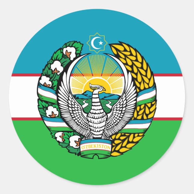 Pegatina Redonda Bandera uzbeka y emblema estatal, bandera de Uzbek (Anverso)