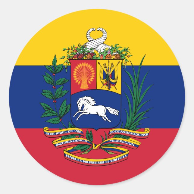 Pegatina Redonda Bandera venezolana y escudo de armas, bandera de V (Anverso)