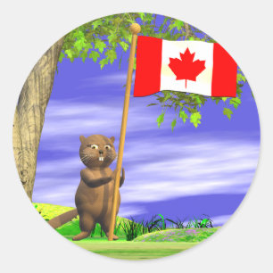 Pegatina Redonda Bandera y castor canadiense