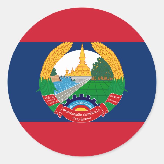 Pegatina Redonda Bandera y emblema lao, bandera de Laos (Anverso)