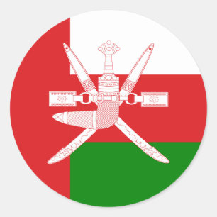 Pegatina Redonda Bandera y emblema nacional omaníes, bandera de Omá
