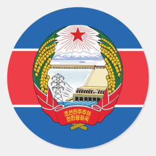 Pegatina Redonda Bandera y emblema norcoreanos, bandera de Corea de