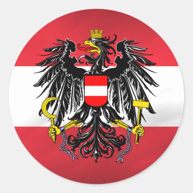 Pegatina Redonda Bandera y escudo de armas de Austria (Anverso)