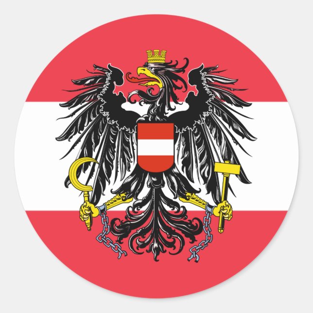 Pegatina Redonda Bandera y escudo de armas de Austria (Anverso)