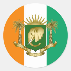 Pegatina Redonda Bandera y escudo de armas de Côte d'Ivoire, bander