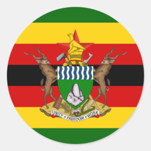 Pegatina Redonda Bandera y escudo de armas de Zimbabue, bandera de