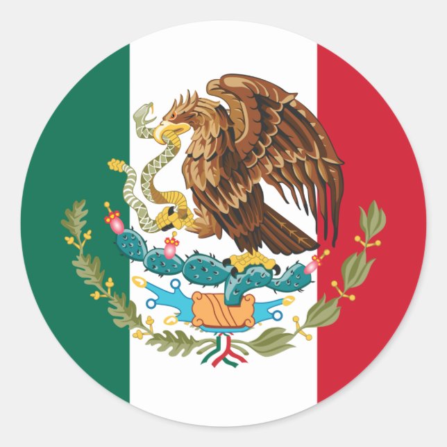 Pegatina Redonda Bandera y escudo de armas mexicanos, Bandera de Mé (Anverso)