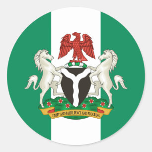 Pegatina Redonda Bandera y escudo de armas nigerianas, bandera de N
