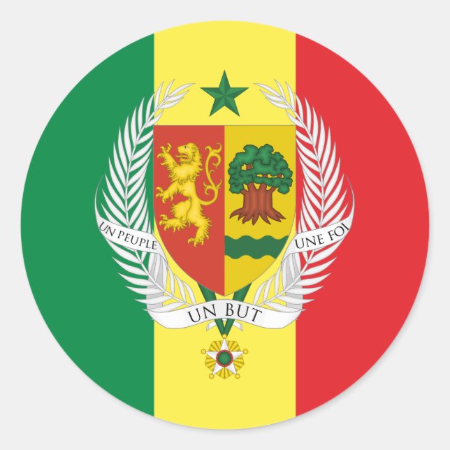 Pegatina Redonda Bandera y escudo de armas senegaleses, bandera de  (Anverso)