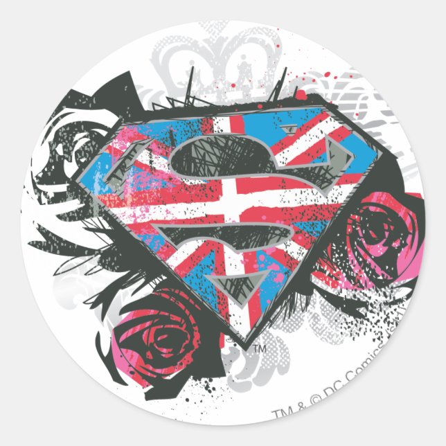 Pegatina Redonda Bandera y Rosas británicos superchica (Anverso)