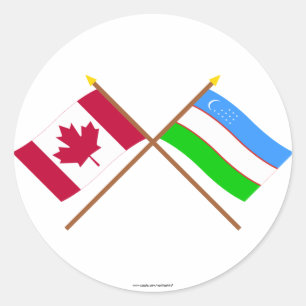 Pegatina Redonda Banderas cruzadas de Canadá y Uzbekistán