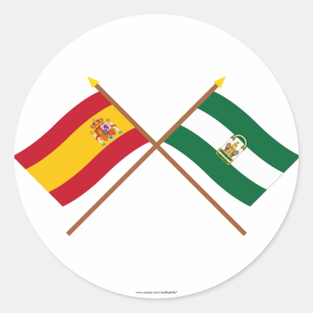 Pegatina Redonda Banderas cruzadas de España y Andalucía (Anverso)