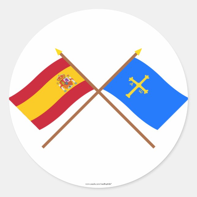 Pegatina Redonda Banderas cruzadas de España y Asturias (Anverso)