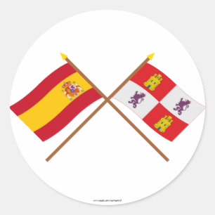 Pegatina Redonda Banderas cruzadas de España y Castilla y León