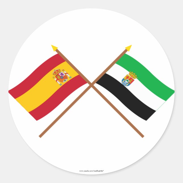 Pegatina Redonda Banderas cruzadas de España y Extremadura (Anverso)