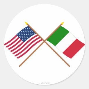 Pegatina Redonda Banderas cruzadas de Estados Unidos e Italia