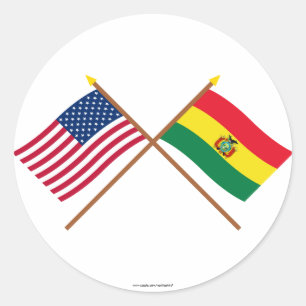 Pegatina Redonda Banderas cruzadas de Estados Unidos y Bolivia