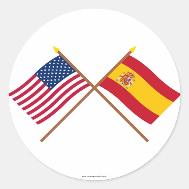 Pegatina Redonda Banderas cruzadas de Estados Unidos y España (Anverso)