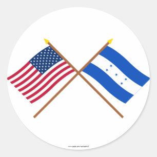 Pegatina Redonda Banderas cruzadas de Estados Unidos y Honduras