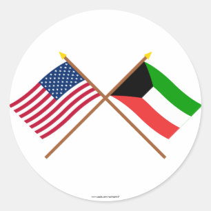 Pegatina Redonda Banderas cruzadas de Estados Unidos y Kuwait