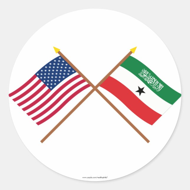 Pegatina Redonda Banderas cruzadas de Estados Unidos y Somalilandia (Anverso)
