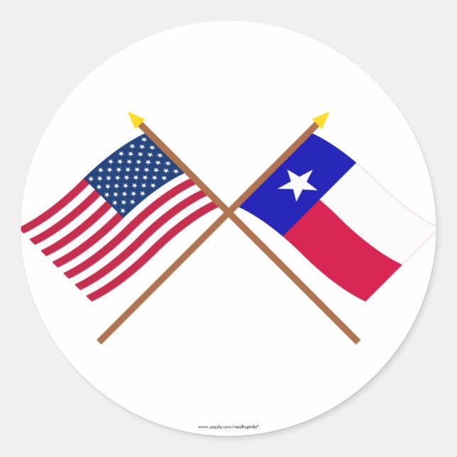 Pegatina Redonda Banderas cruzadas de Estados Unidos y Texas (Anverso)