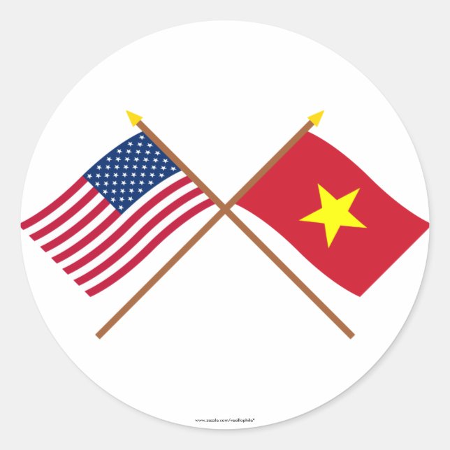 Pegatina Redonda Banderas cruzadas de Estados Unidos y Vietnam (Anverso)