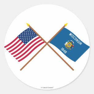 Pegatina Redonda Banderas cruzadas de Estados Unidos y Wisconsin